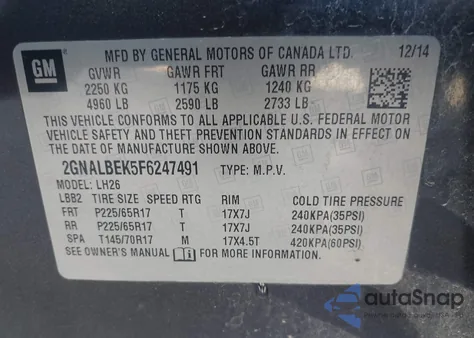 2015 Chevrolet Equinox 1Lt z USA, uszkodzony, nr VIN 2GNALBEK5F6247491